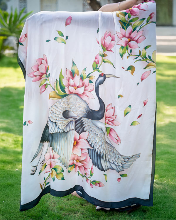 hand painted, pure crêpe silk Flamingo saree