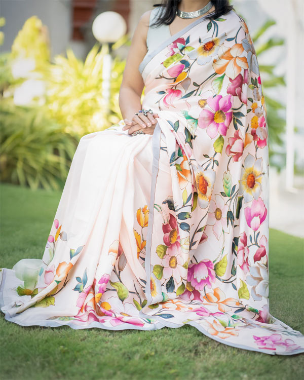 hand painted, pure soft Silk, floral saree