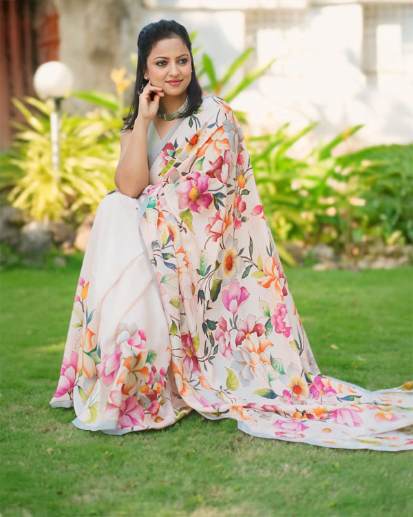 hand painted, pure soft Silk, floral saree