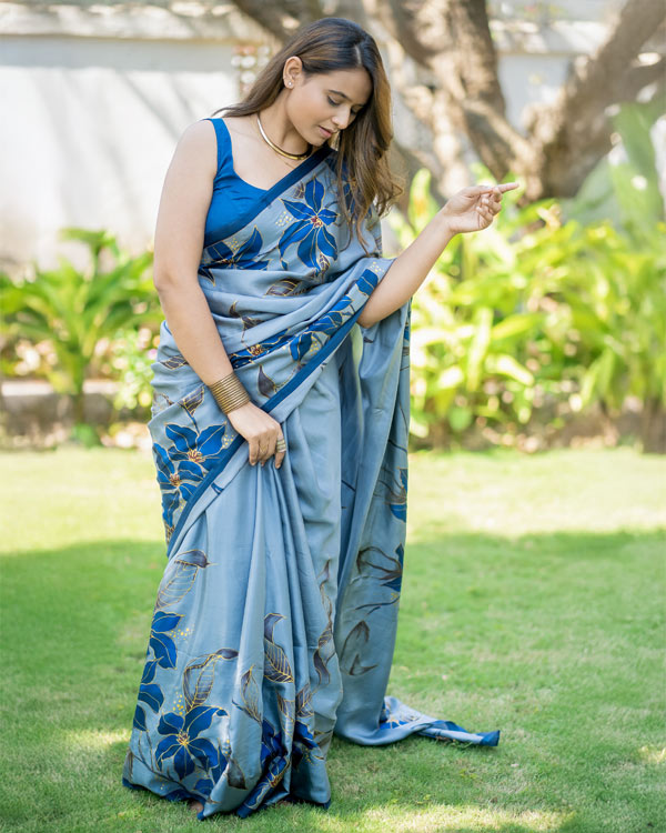 hand painted pure soft silk saree in grey base and blue flowers