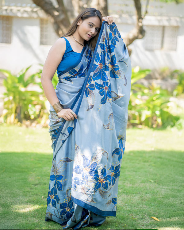 hand painted pure soft silk saree in grey base and blue flowers