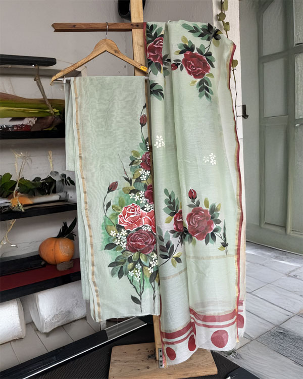 pure Chanderi Pista shirt and Dupatta set