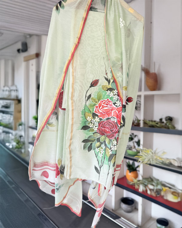 pure Chanderi Pista shirt and Dupatta set